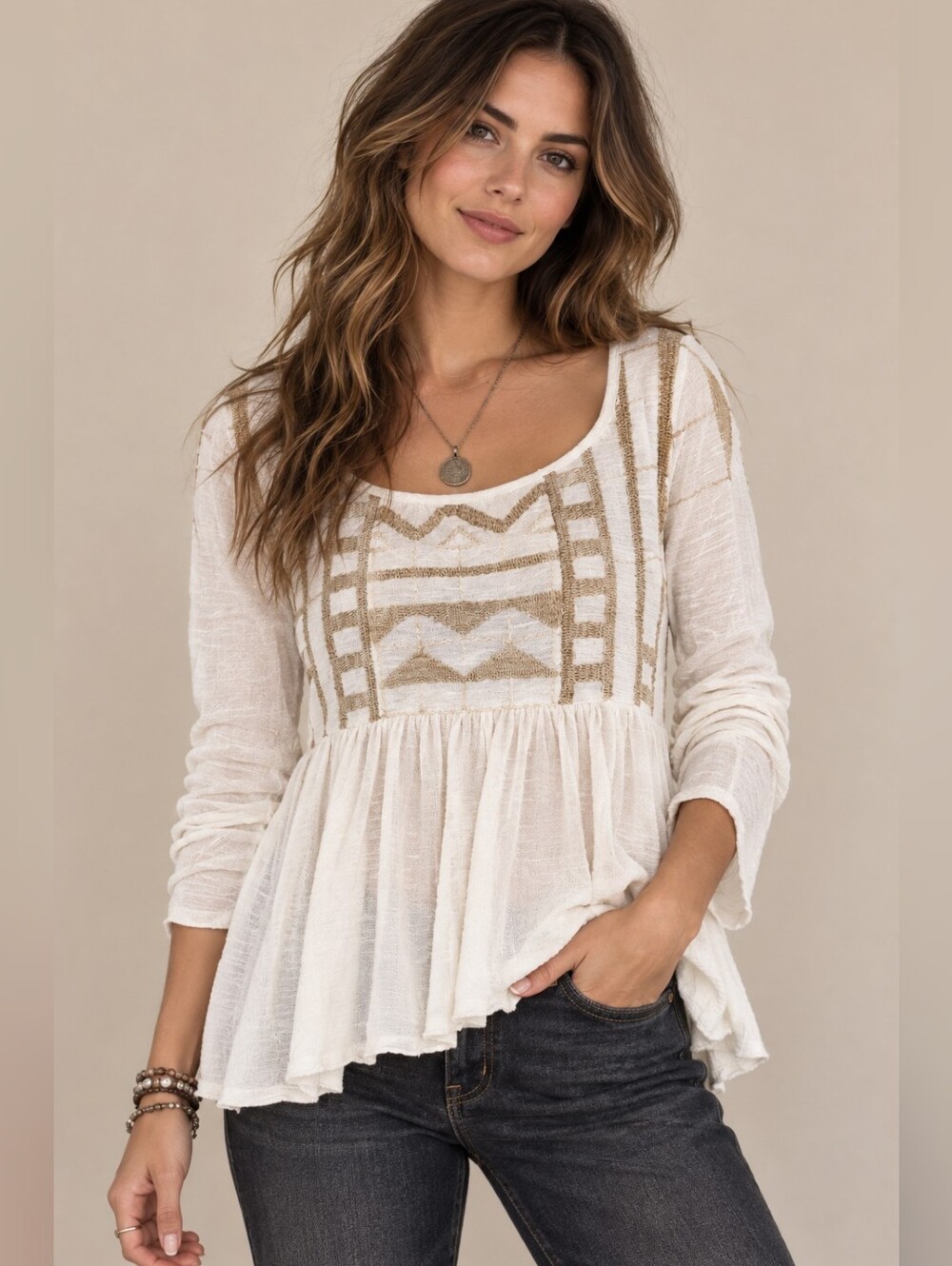 Free People Justyana Babydoll Top Dize Small Offwhite/Tan
